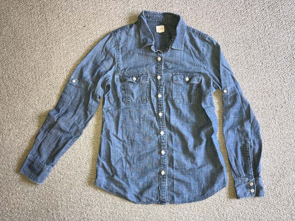 J.Crew Chambray Button-Up Shirt with Tab Sleeves and Chest Pockets, Size S